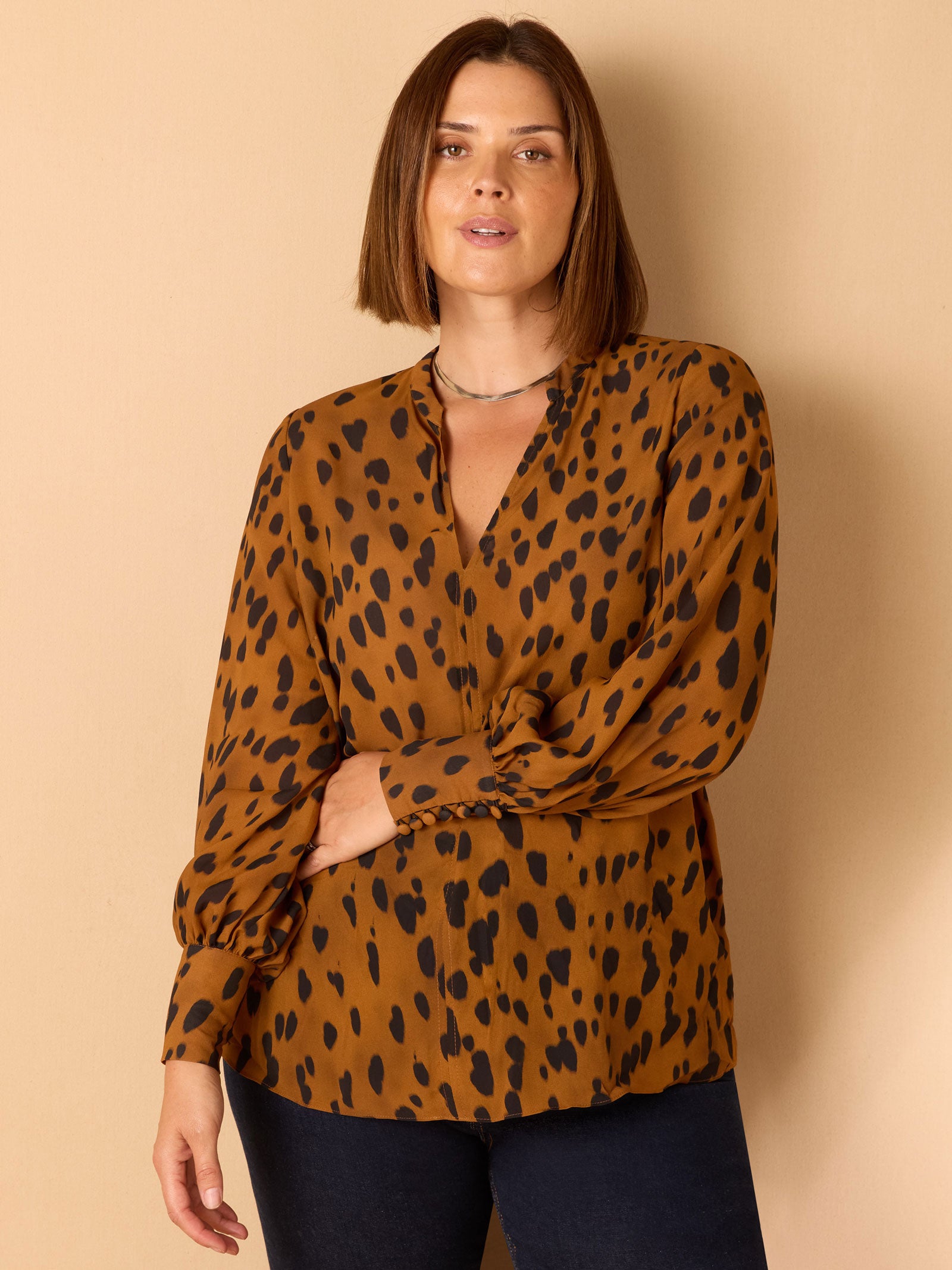 Brown Animal Print Nehru Collar Blouse