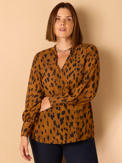 Brown Animal Print Nehru Collar Blouse