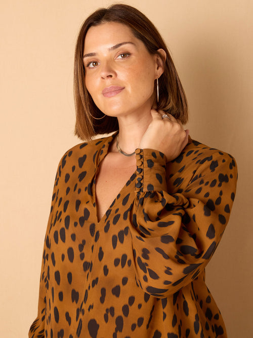 Brown Animal Print Nehru Collar Blouse