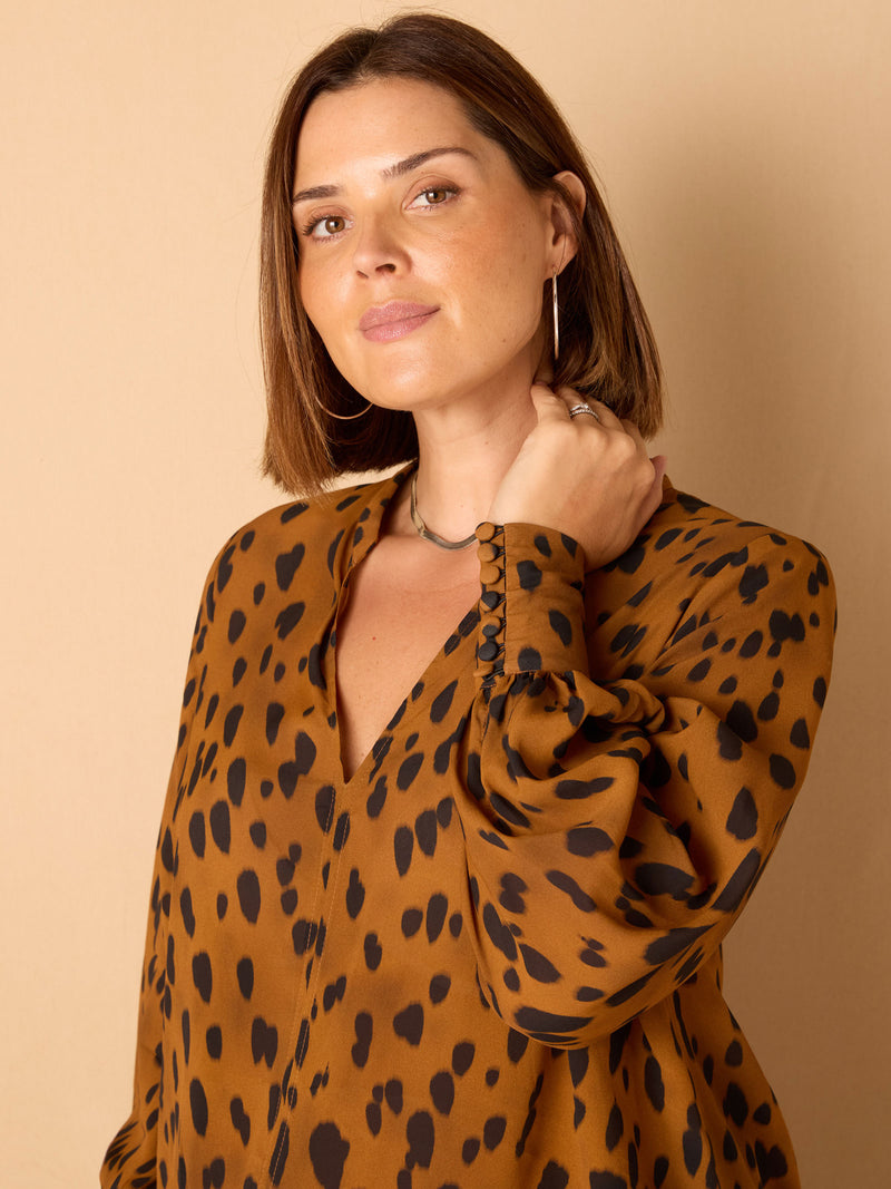 Brown Animal Print Nehru Collar Blouse