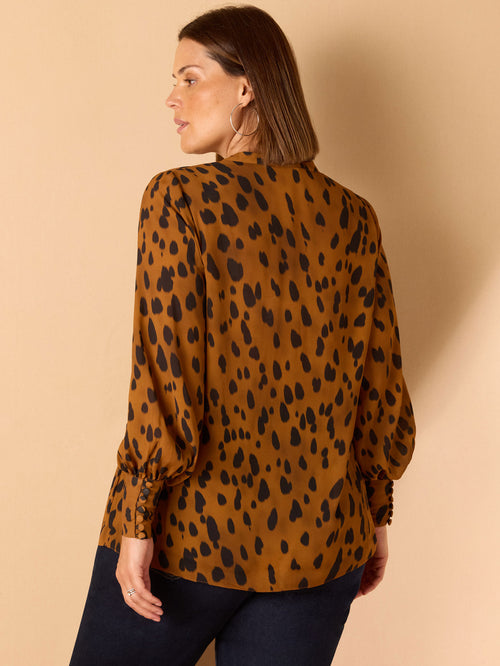 Brown Animal Print Nehru Collar Blouse