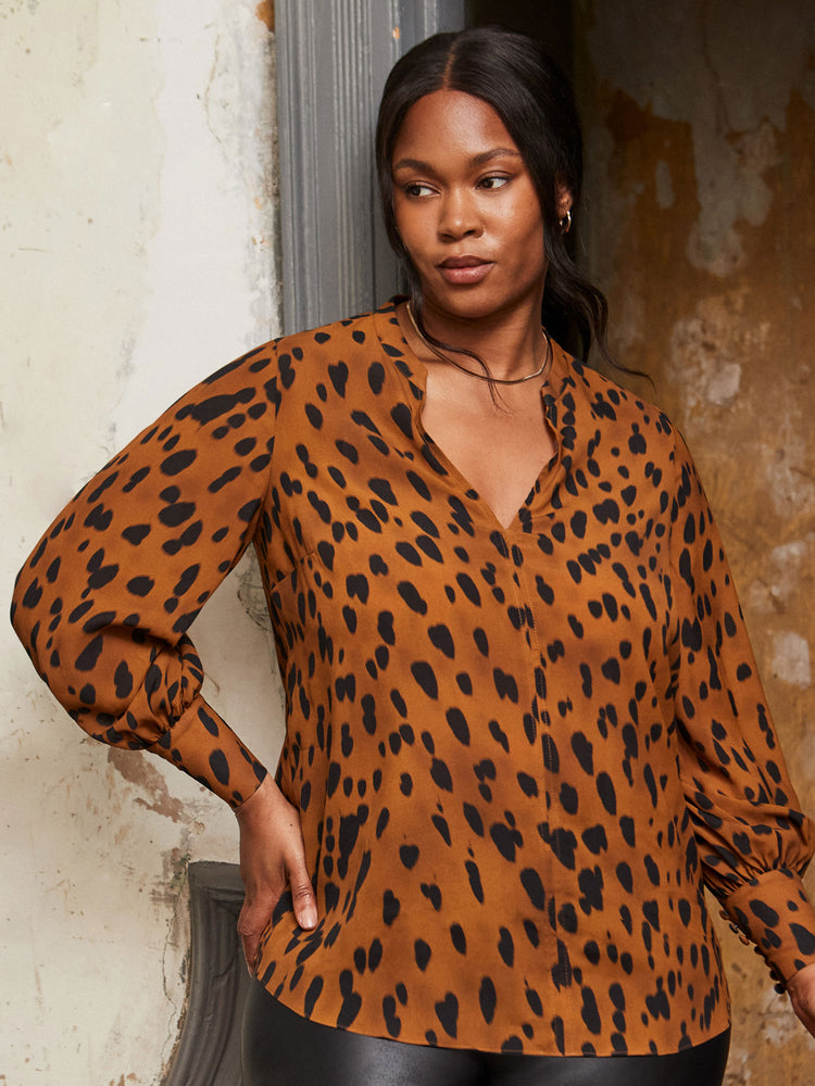 Brown Animal Print Nehru Collar Blouse