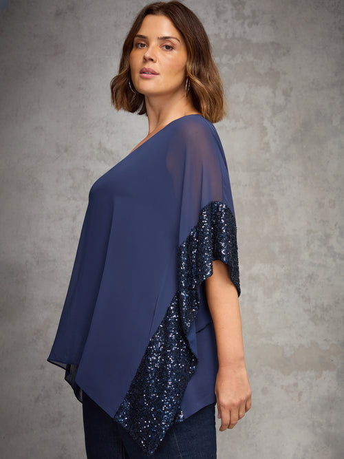 Navy Overlay Top with Sequin Trim