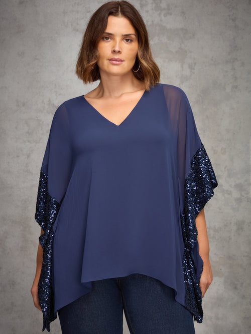Navy Overlay Top with Sequin Trim