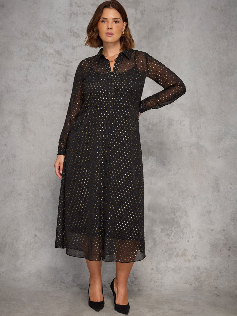 Black Metallic Spot Button Through Midaxi Dress
