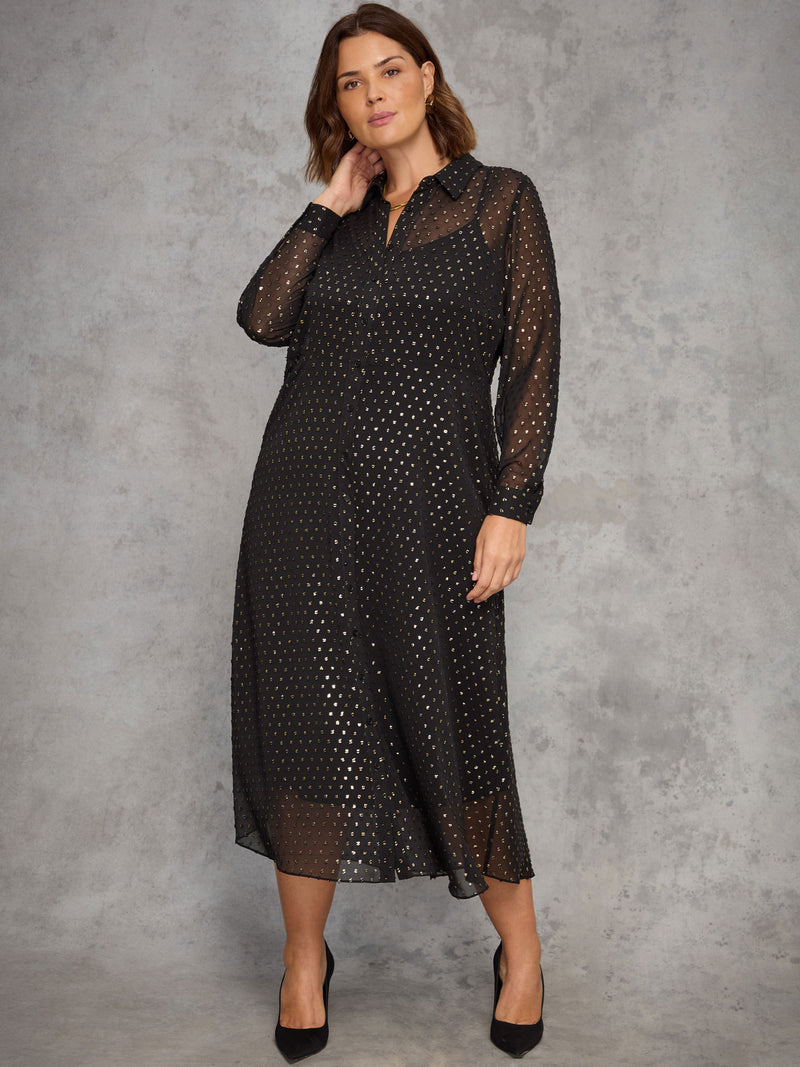 Black Metallic Spot Button Through Midaxi Dress