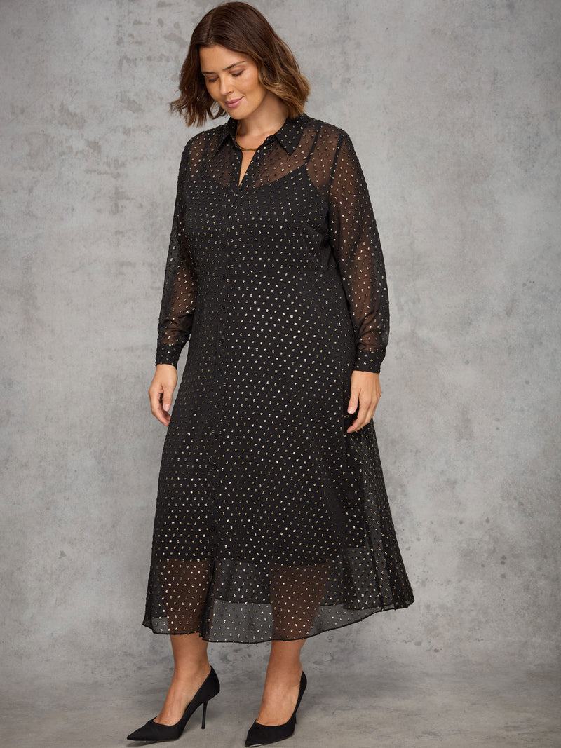 Black Metallic Spot Button Through Midaxi Dress