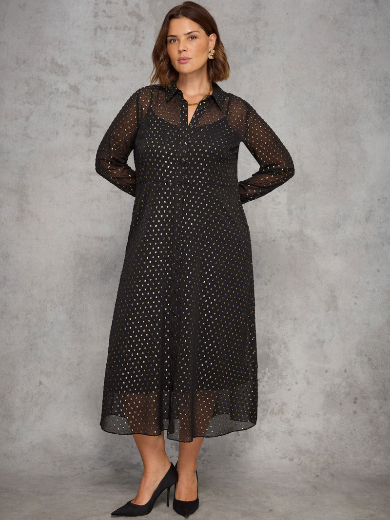 Black Metallic Spot Button Through Midaxi Dress