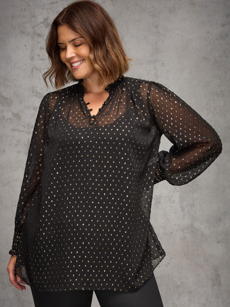 Black Metallic Spot Shirred Cuff Blouse