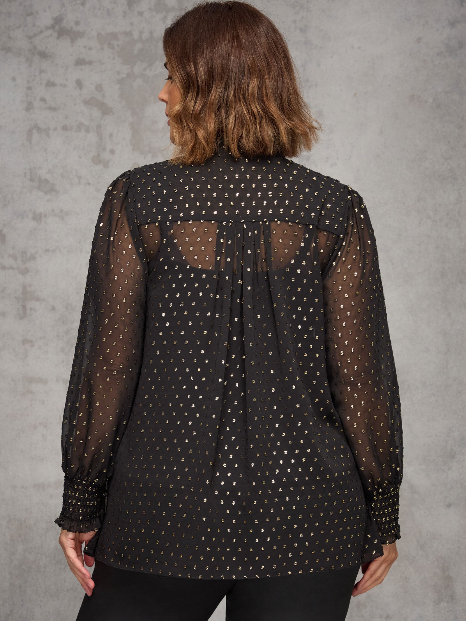 Black Metallic Spot Shirred Cuff Blouse