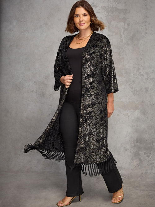 Black Devore Longline Fringe Kimono