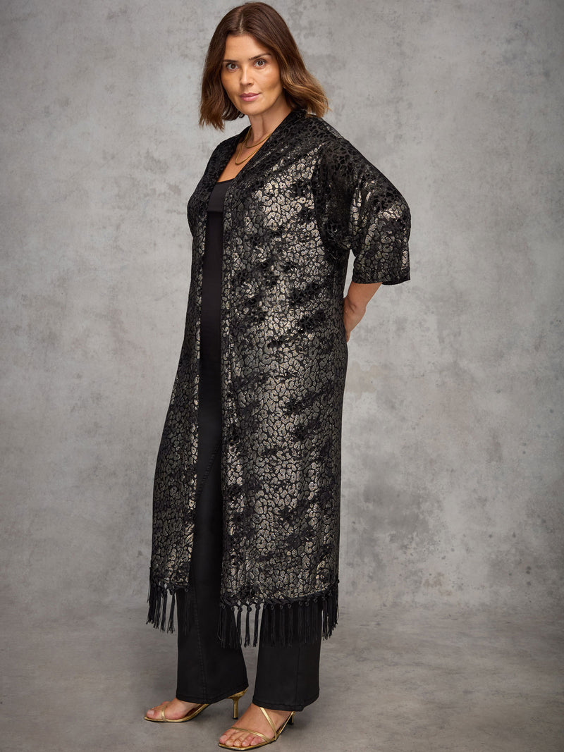 Gold Animal Velvet Burnout Fringe Kimono