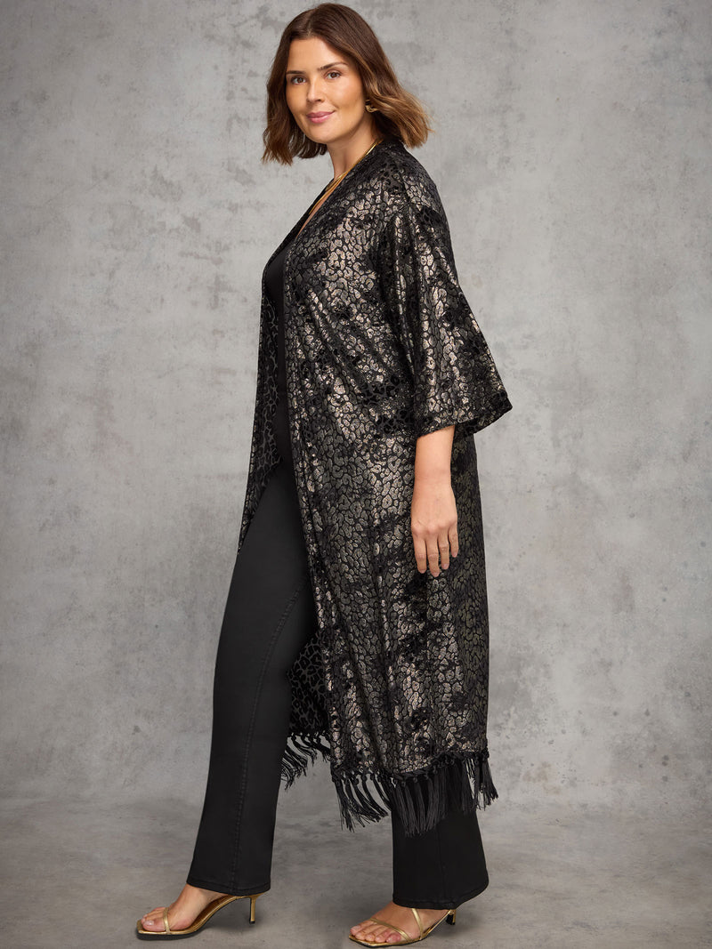 Gold Animal Velvet Burnout Fringe Kimono