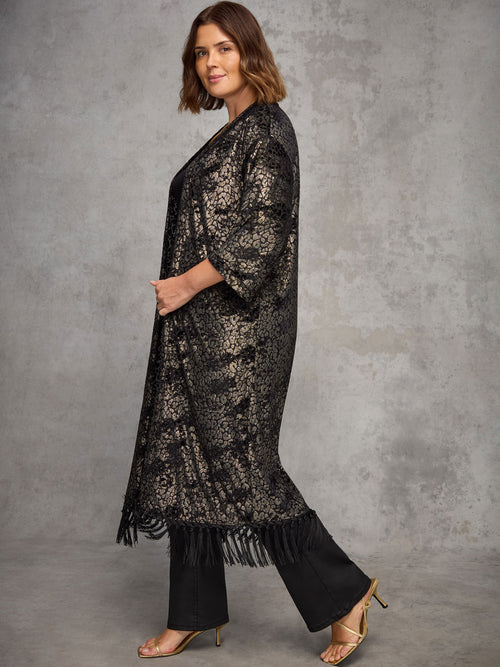Black Devore Longline Fringe Kimono