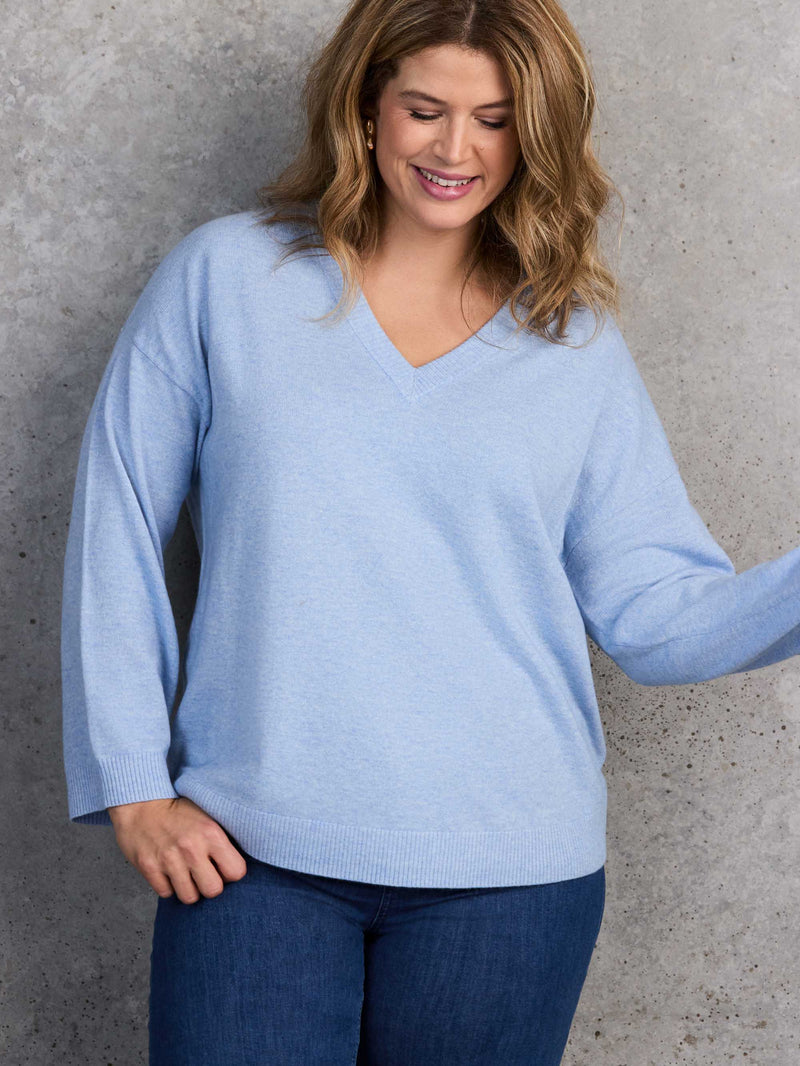 Pale Blue V Neck Knitted Jumper With Cashmere