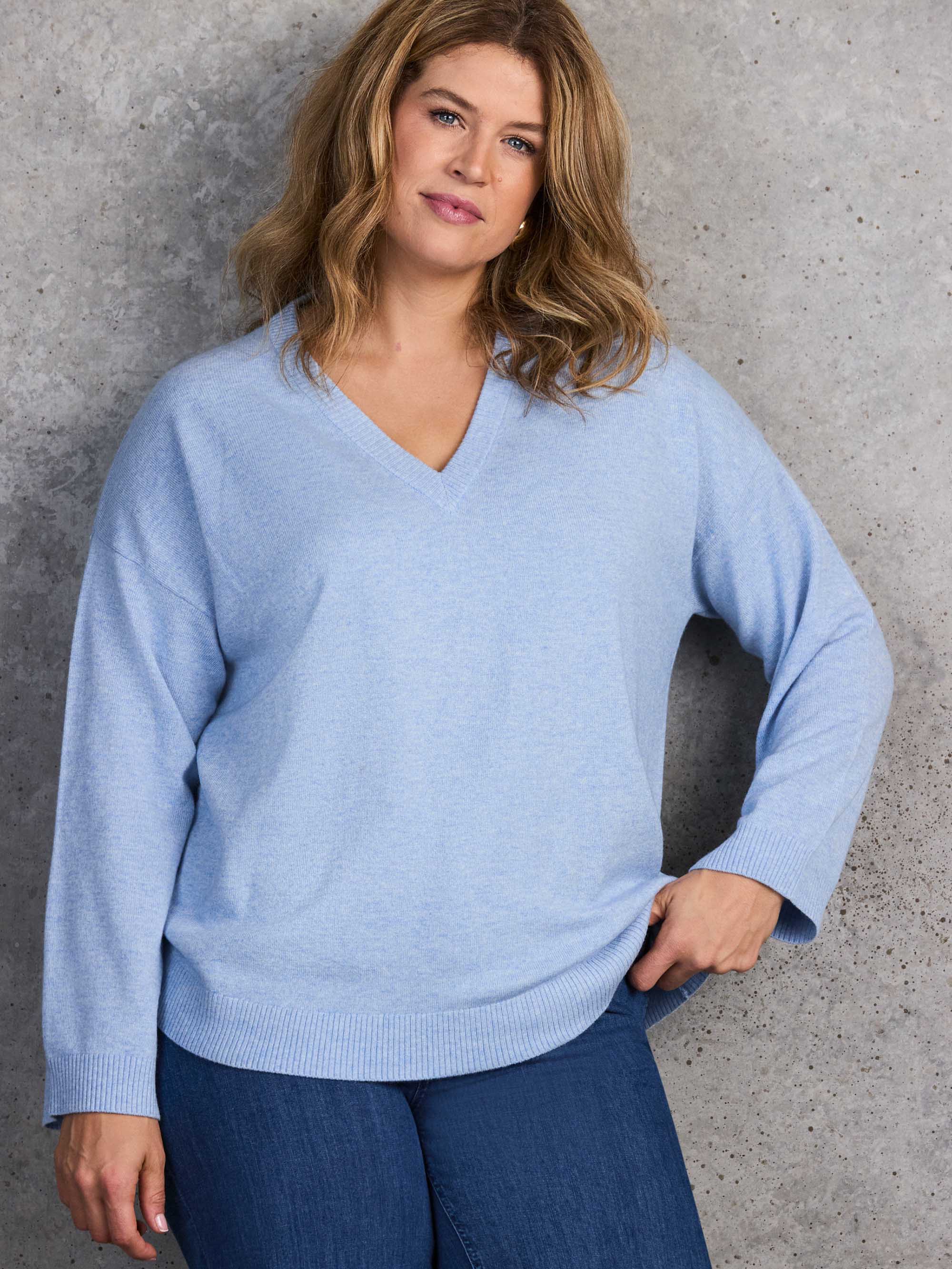 Pale Blue V Neck Knitted Jumper With Cashmere