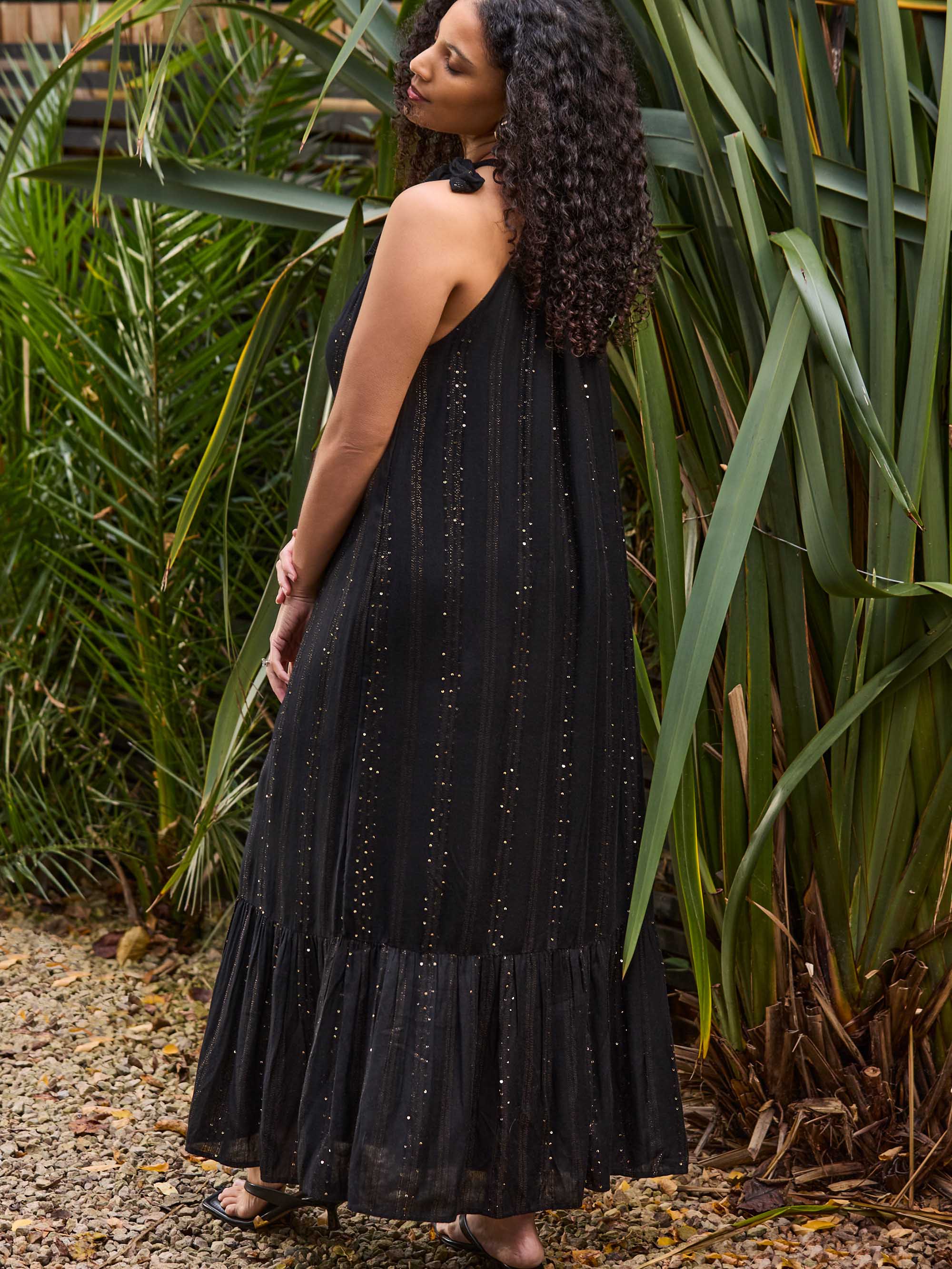 Black Lurex Halter Neck Maxi Dress