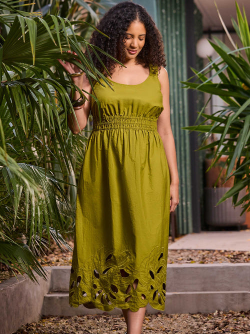 Green Embroidered Cut- Out Midi Dress