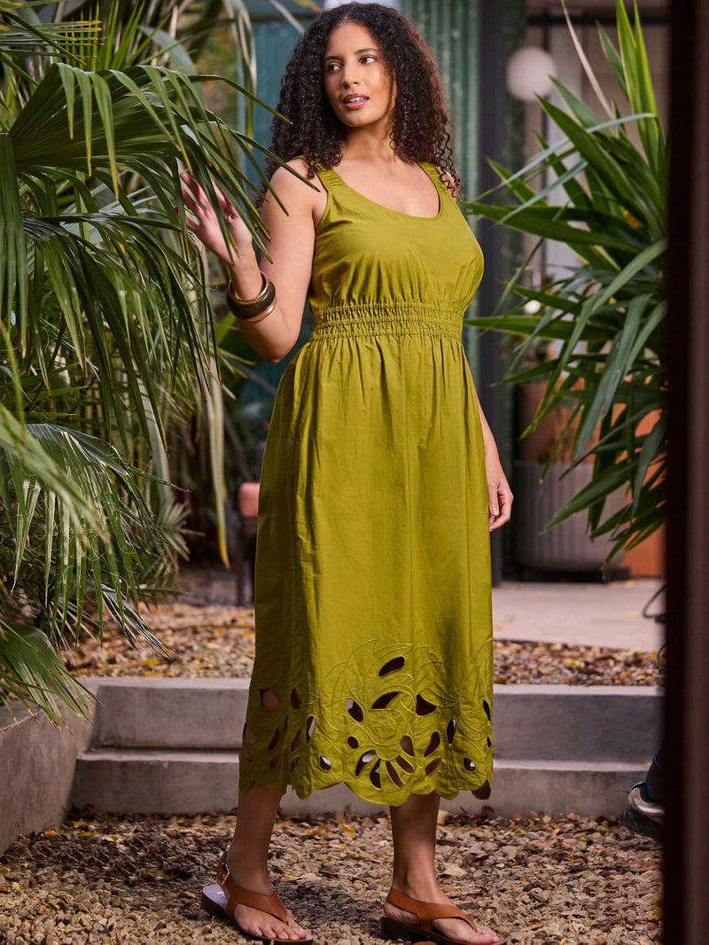 Green Embroidered Cut-Out Midi Dress