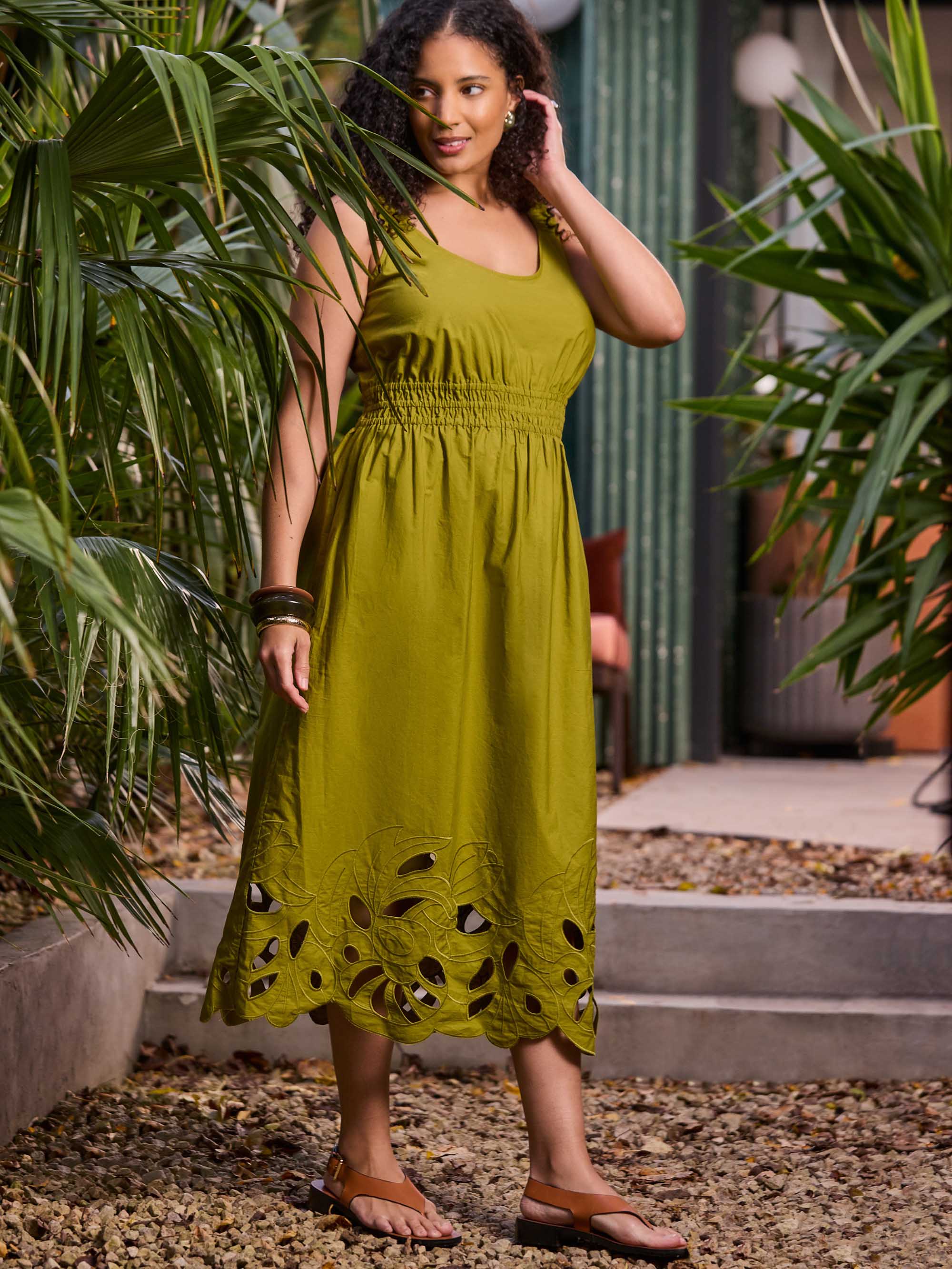 Green Embroidered Cut-Out Midi Dress