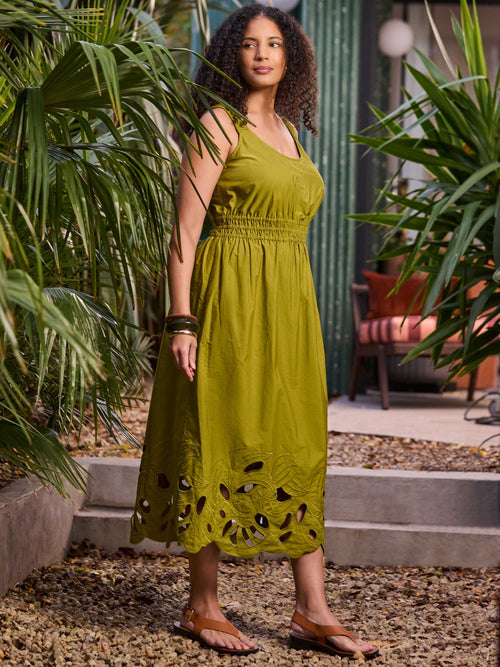 Green Embroidered Cut- Out Midi Dress