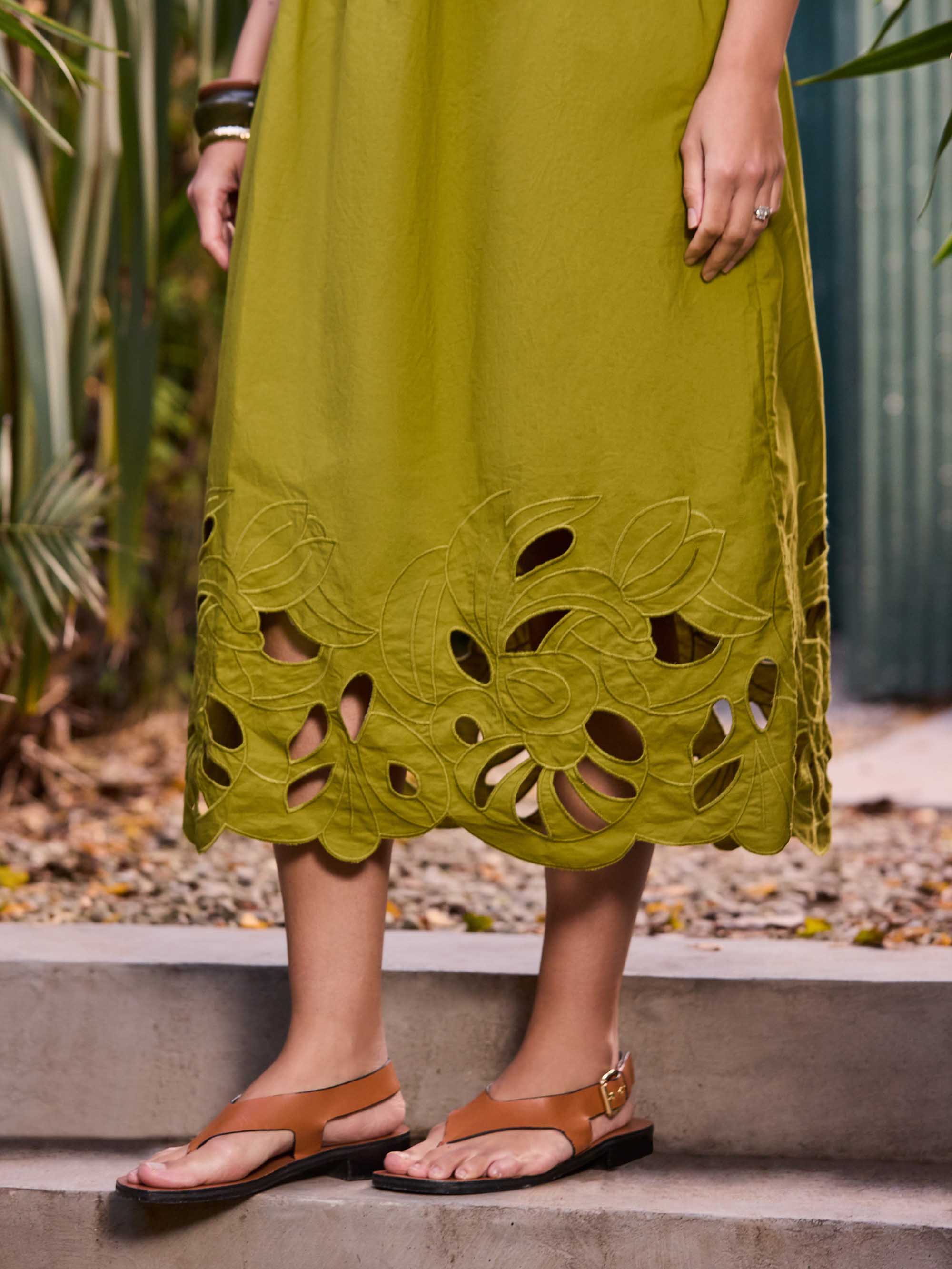 Green Embroidered Cut-Out Midi Dress