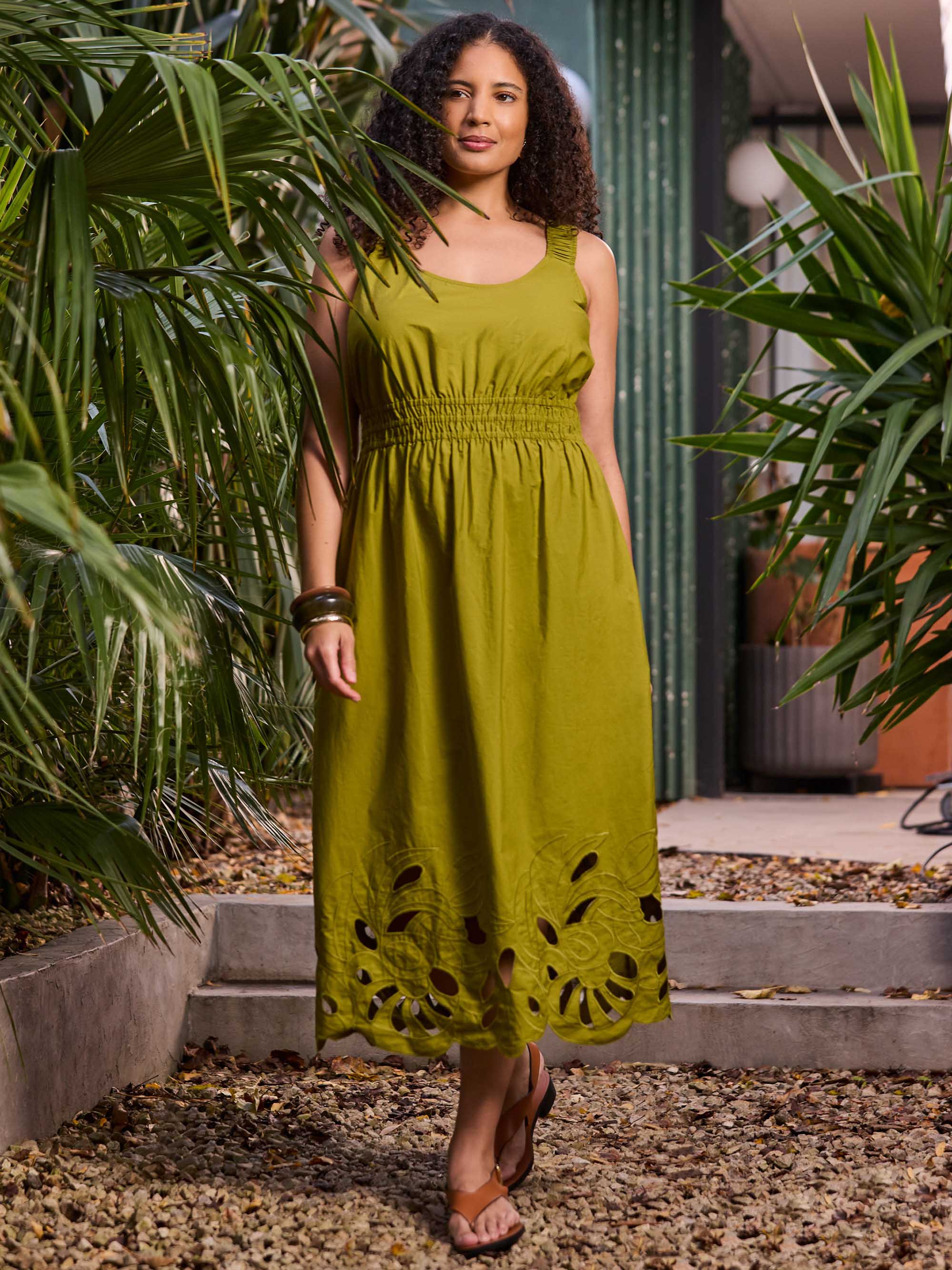 Green Embroidered Cut-Out Midi Dress