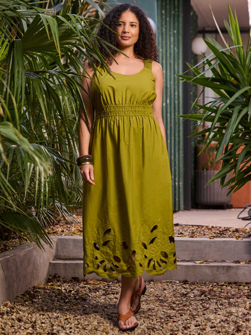 Green Embroidered Cut- Out Midi Dress