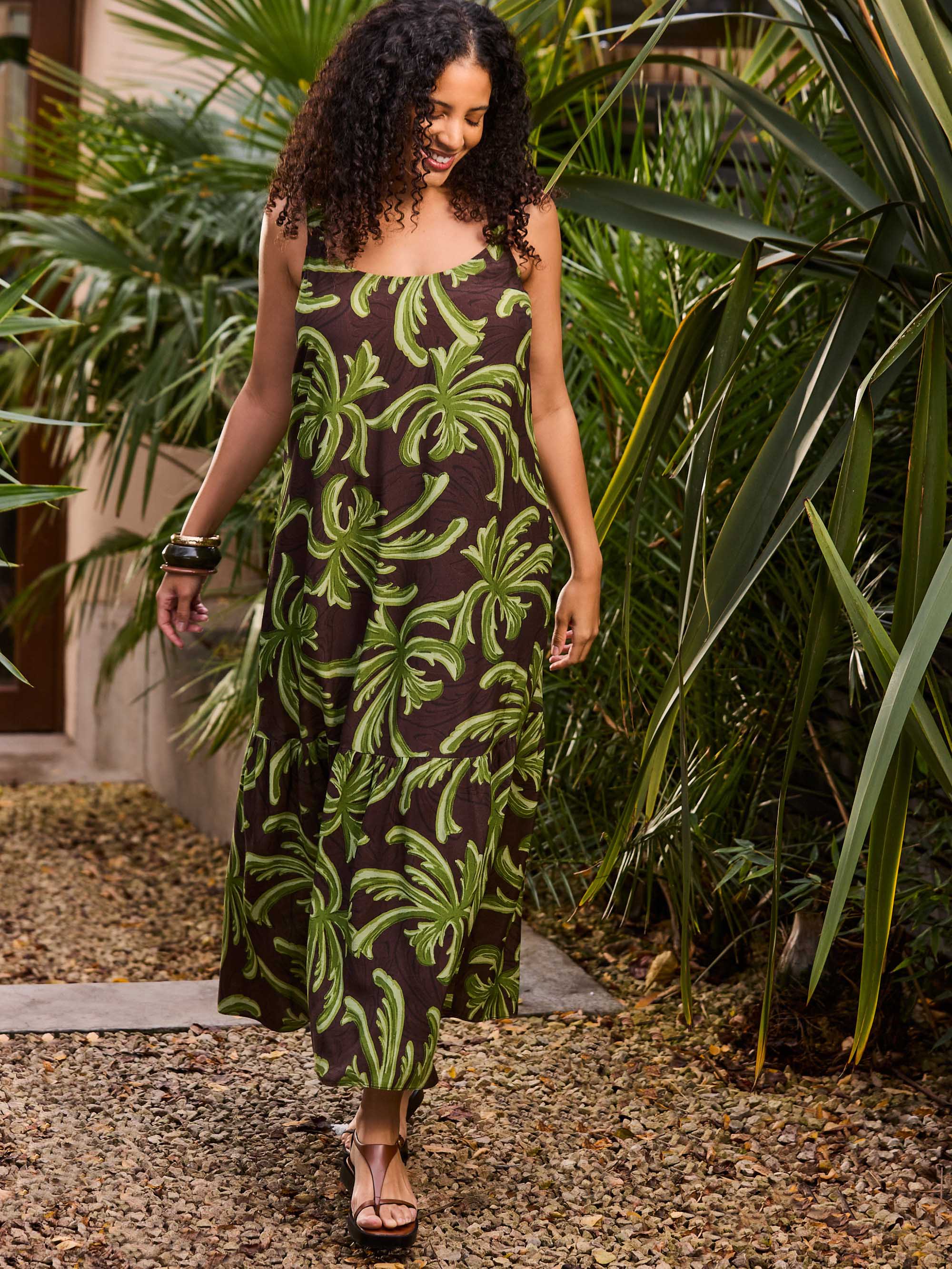 Green Palm Print Drop Tier Dress