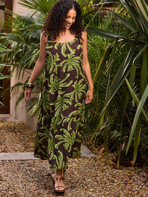 Green Palm Print Drop Tier Dress