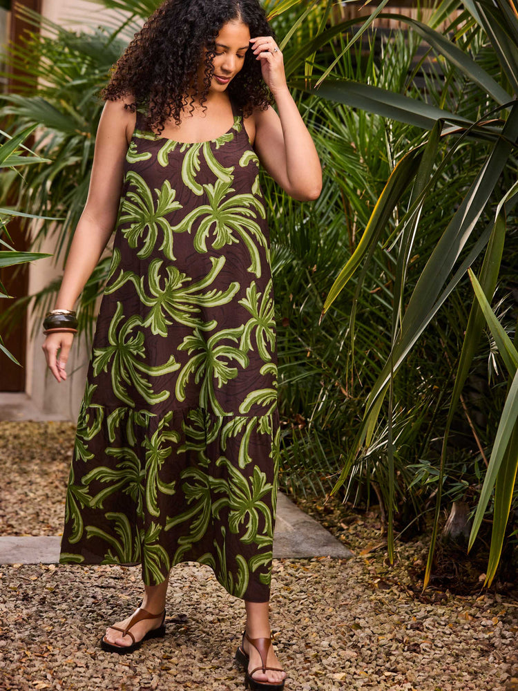 Green Palm Print Drop Tier Dress