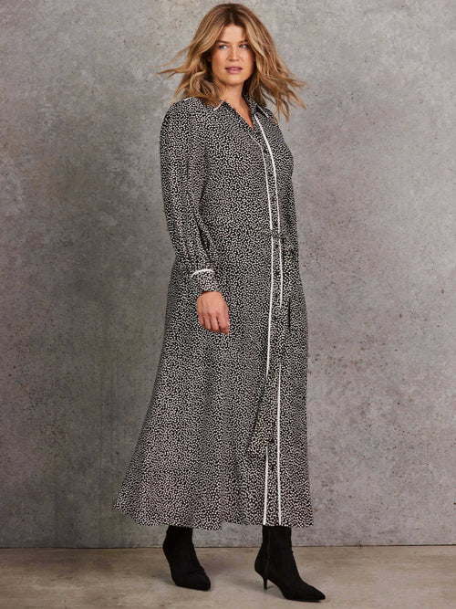 Black Spot Print Maxi Shirt Dress