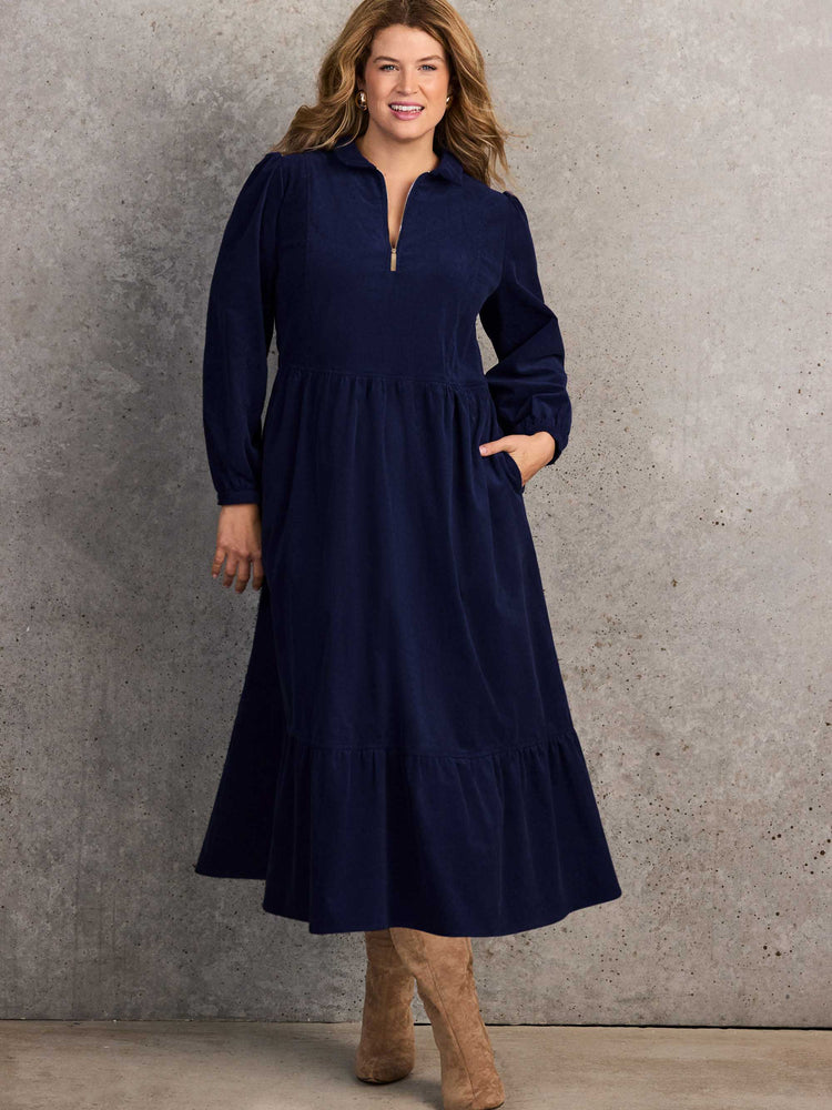 Navy Corduroy Zip-Front Midi Dress