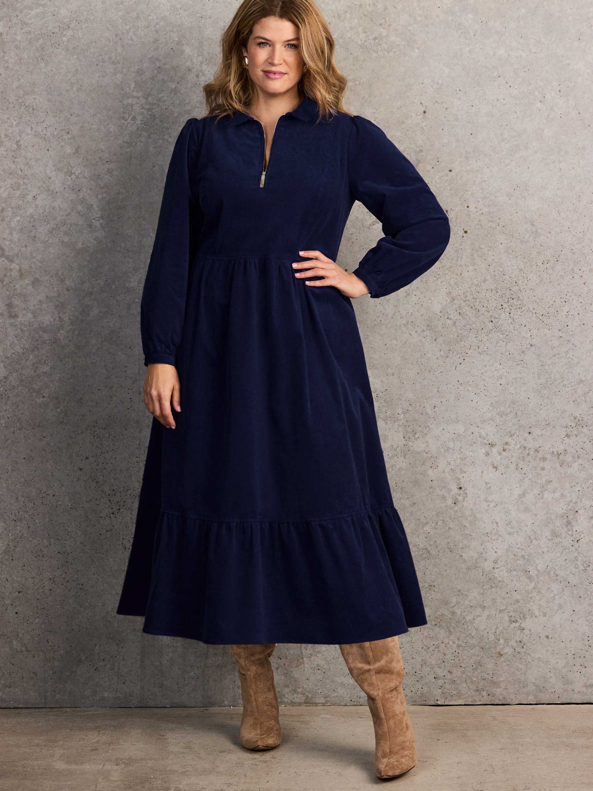 Navy Corduroy Zip-Front Midi Dress