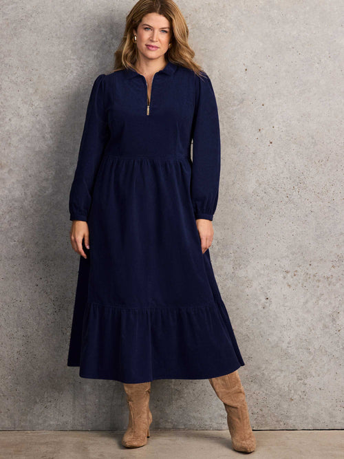 Navy Corduroy Zip-Front Midi Dress