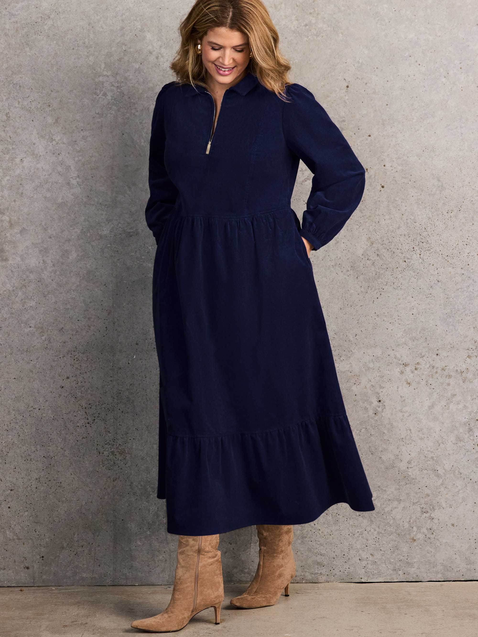 Navy Corduroy Zip-Front Midi Dress