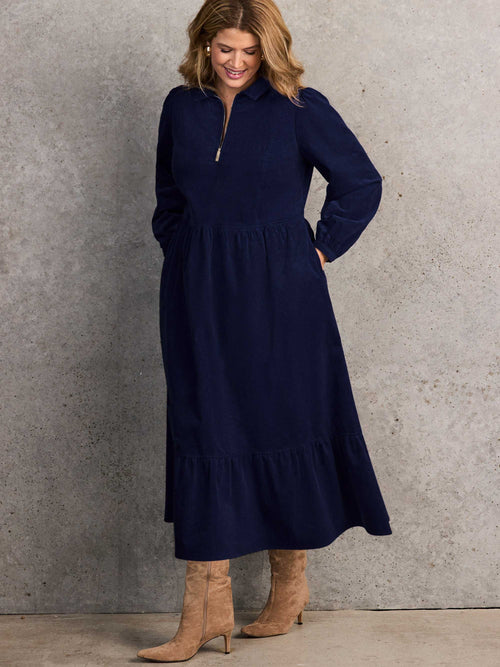 Navy Corduroy Zip-Front Midi Dress