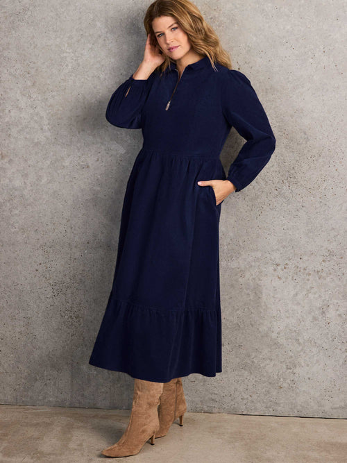 Navy Corduroy Zip-Front Midi Dress