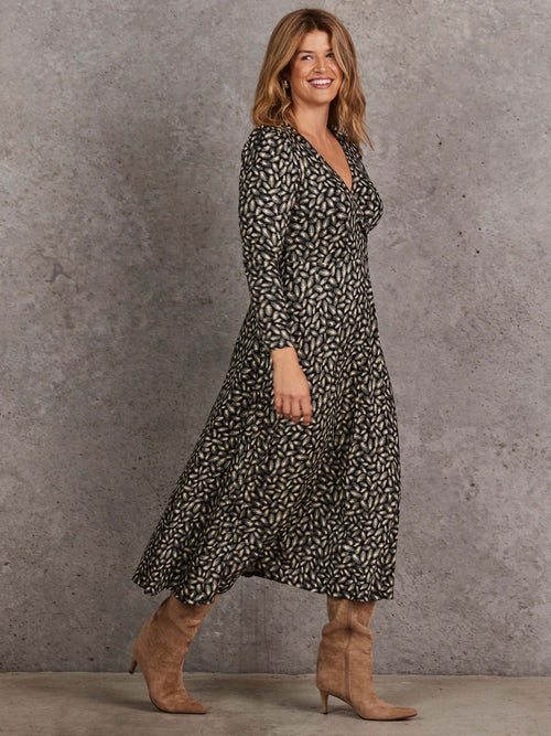 Black Feather Print Puff Sleeve Wrap Dress