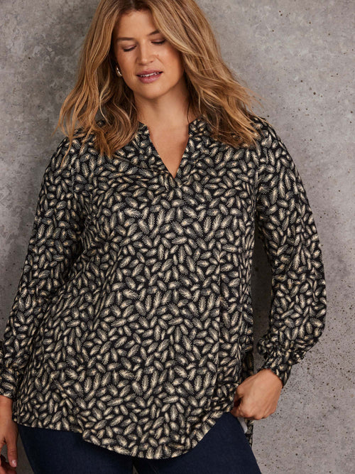 Black Feather Print Nehru Collar Tunic