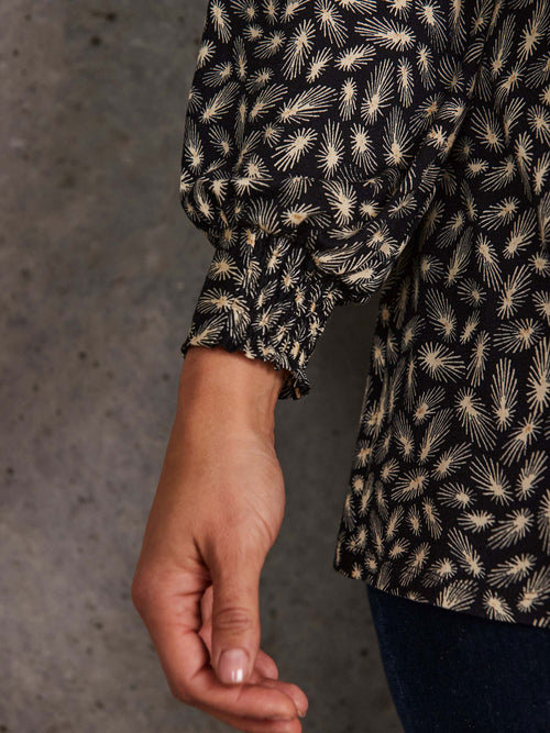 Black Feather Print Nehru Collar Tunic