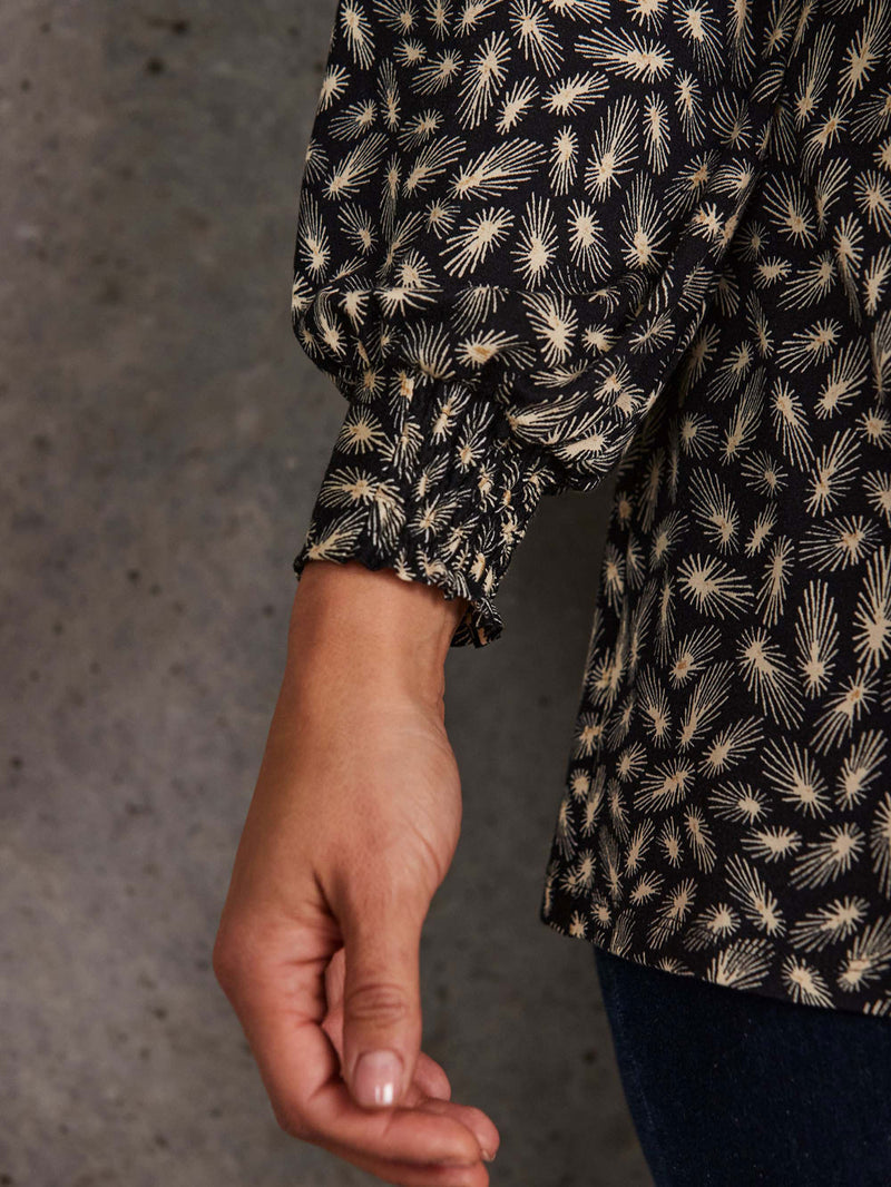 Black Feather Print Nehru Collar Tunic