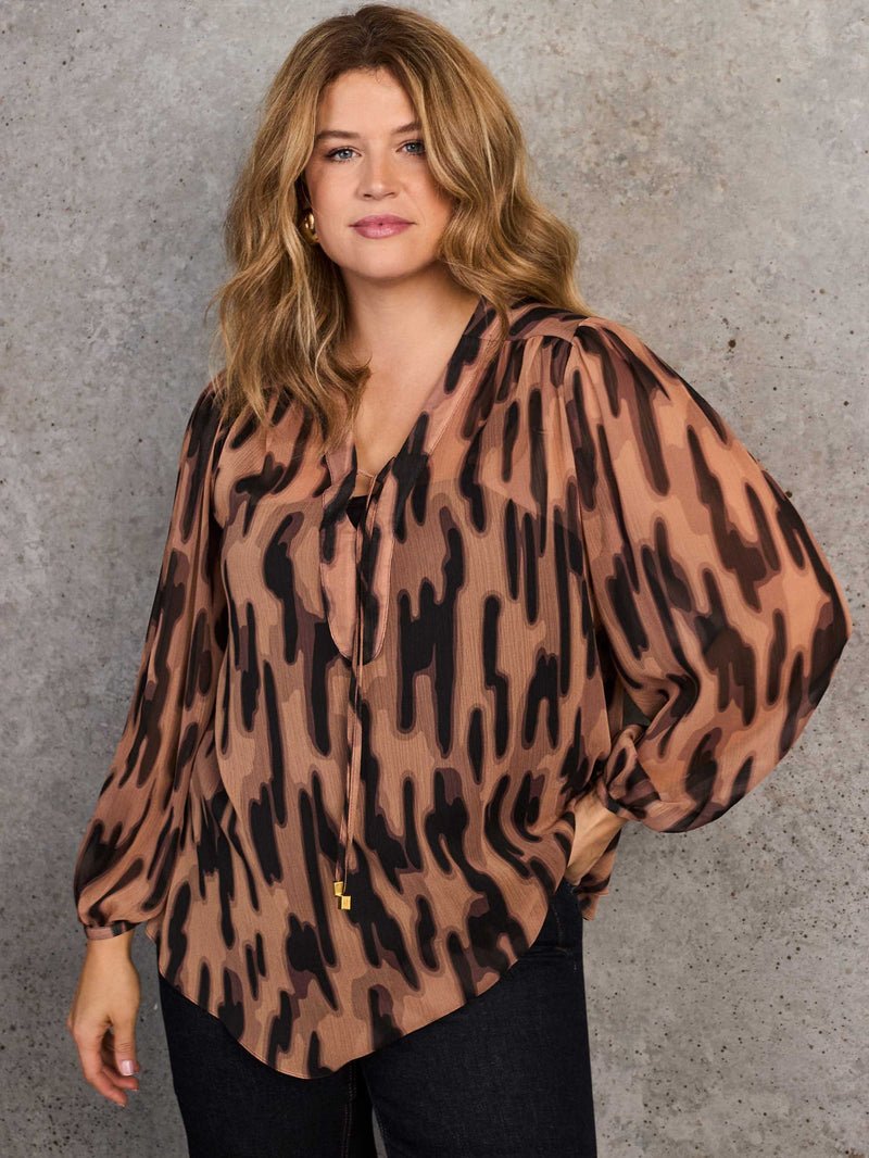 Brown Abstract Animal Print V-Neck Blouse
