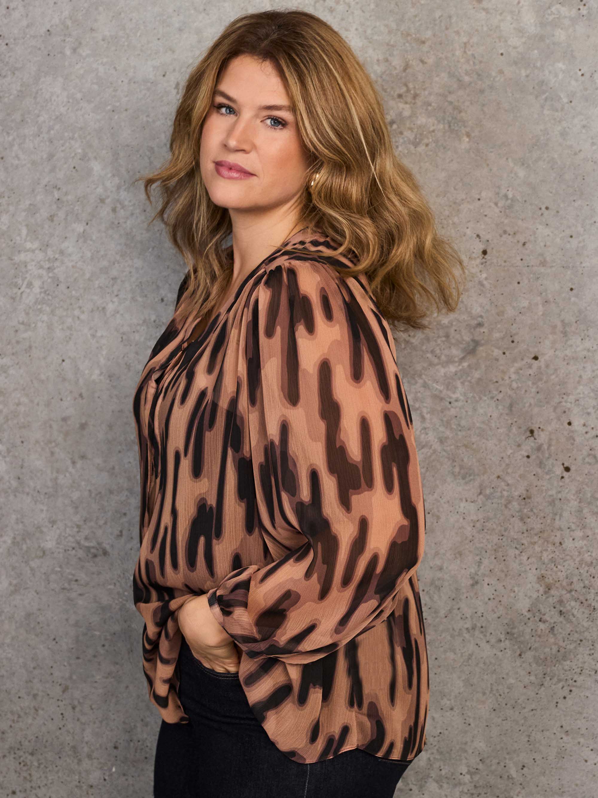 Brown Abstract Animal Print V-Neck Blouse