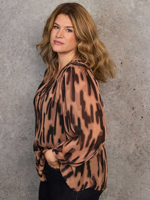 Brown Abstract Animal Print V-Neck Blouse