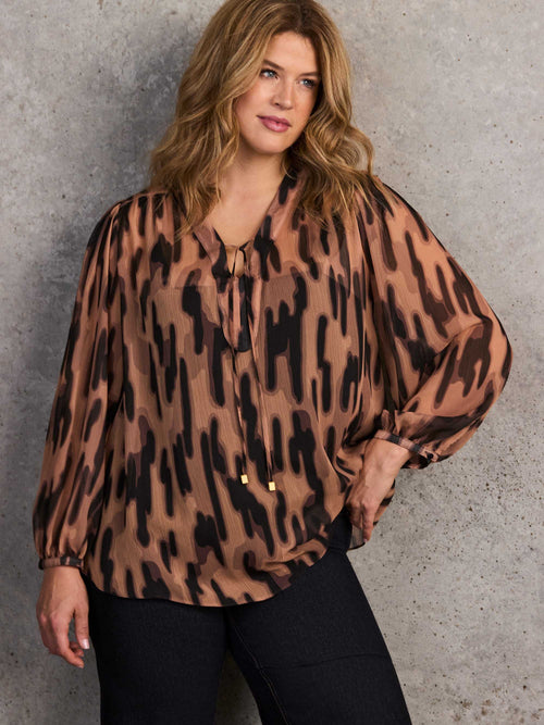 Brown Abstract Animal Print V-Neck Blouse