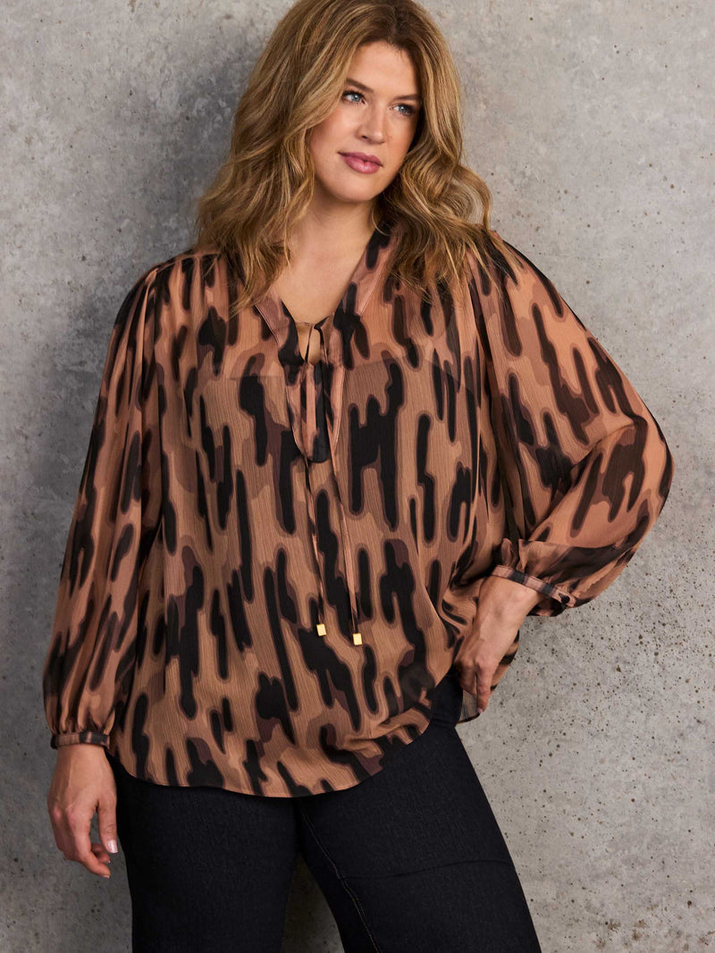 Brown Abstract Animal Print V-Neck Blouse