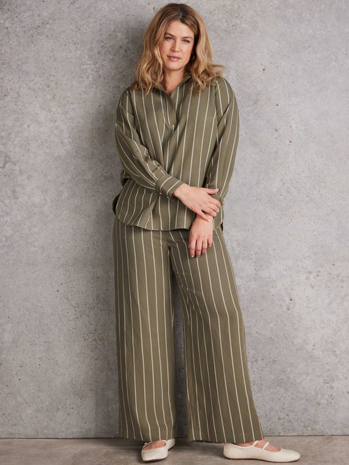 Women’s khaki and white striped collared blouse with long sleeves and soft drape