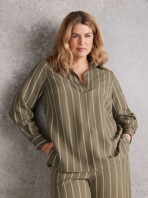 Khaki vertical stripe long sleeve shirt featuring open collar neckline