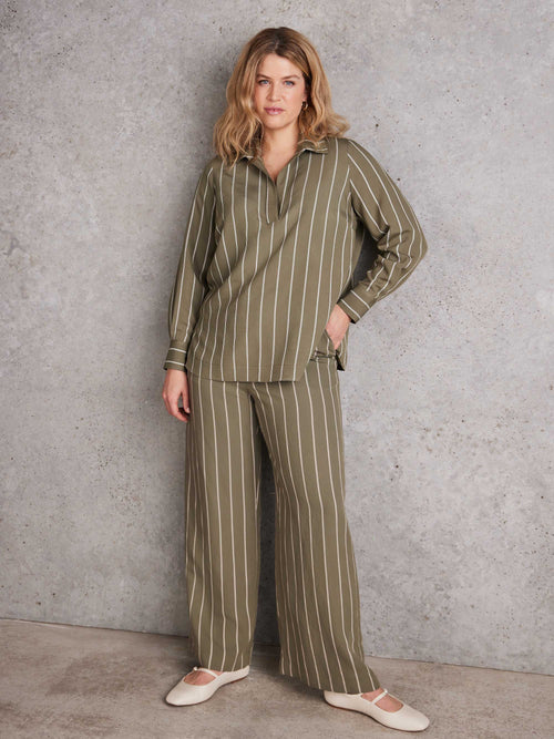 Curve khaki stripe wide leg trousers with elasticated back waistband and side pockets